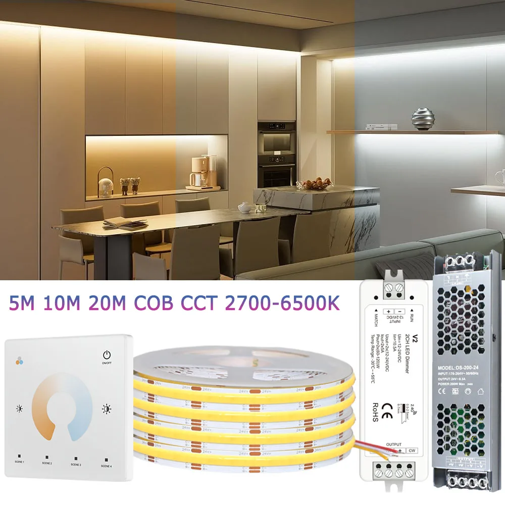 

Светодиодная лента COB CCT 5М 10М 20М 24В, гибкая, высокой плотности, с регулировкой яркости, для освещения помещений, с сенсорным пультом ДУ 2.4G RF, двухцветная 2700K-6500K