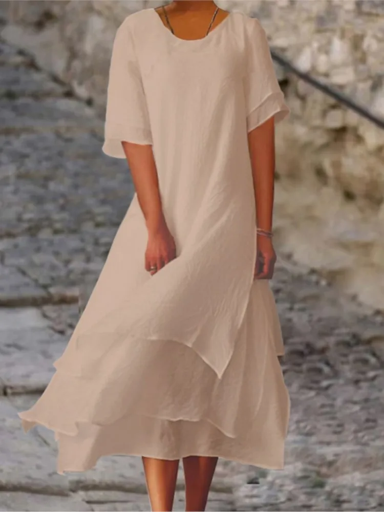 

2025 Women's Summer Fashion Irregular Solid Color Dress Short Sleeve O-neck Female Elegant Loose Beach Dresses Ladies Vestidos