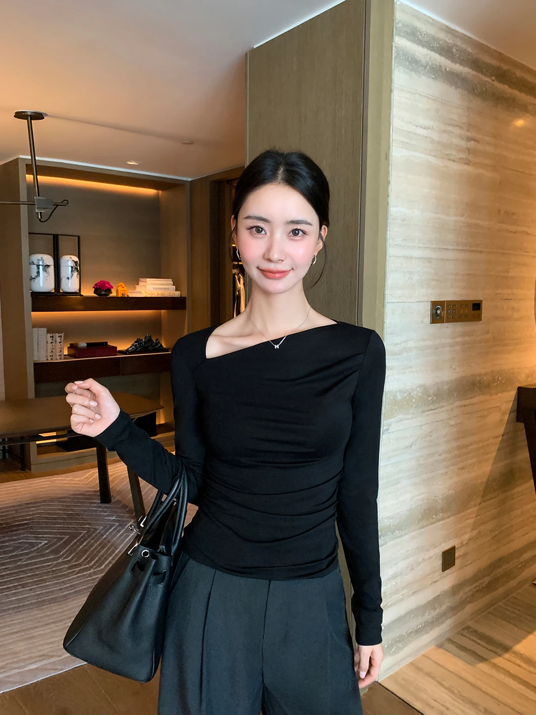 

Ele Long Sve Knitted T-irt Women's Slim Fit Ruffle Hem Asymmetrical Neline Lenzing Lyocell Fiber Casual Top