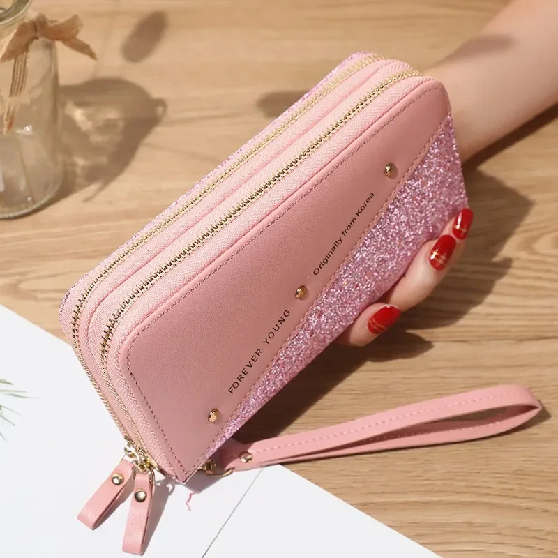 Luxury Long Wallet For Women Patchwork Sequin Clutch Glitter Double Zipper Pu Leather Ladies Phone Bag Card Holder Coin Purse