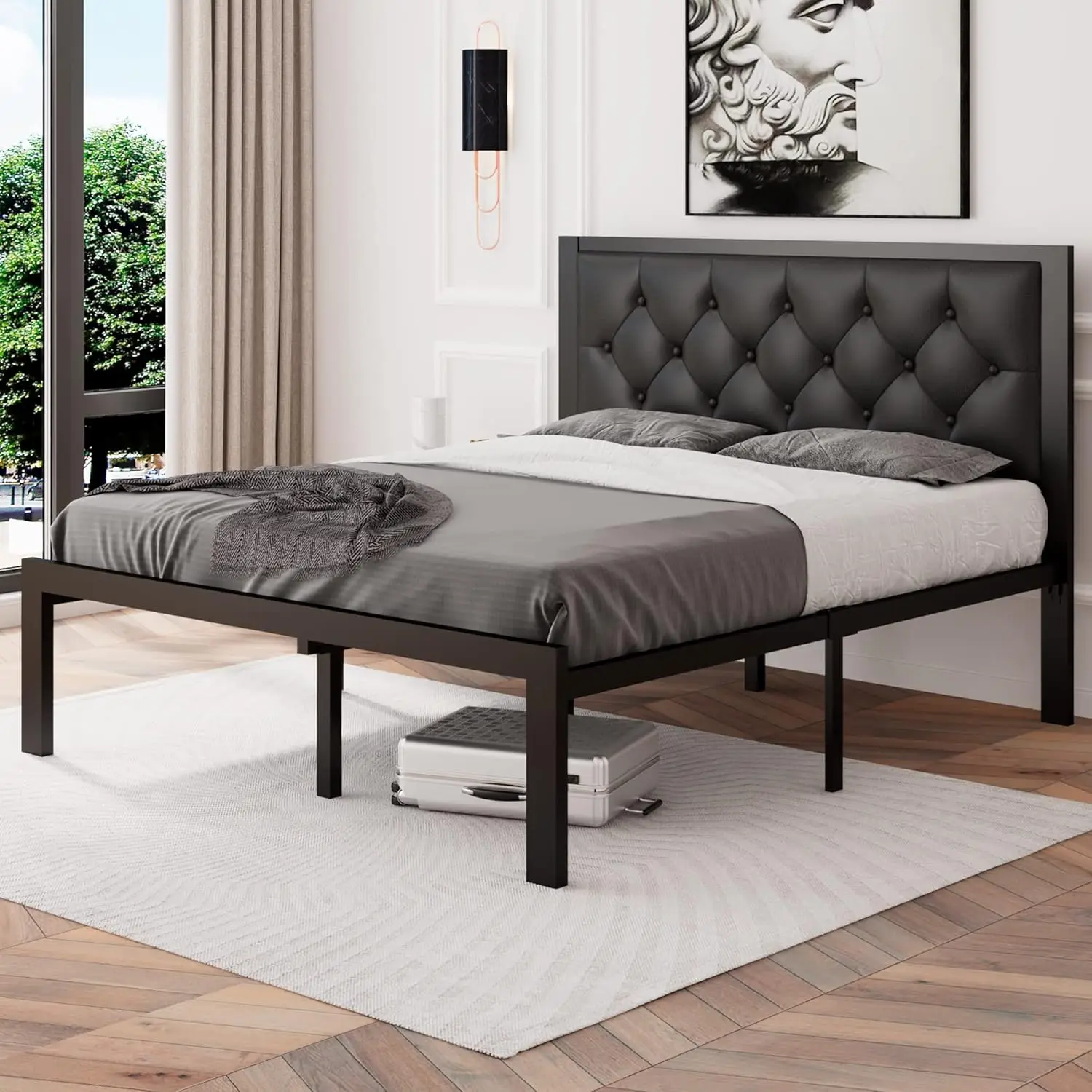 Feonase Full Size Metalen Bedframe Met Faux Lederen Getufte Hoofdeinde Met Knopen, Zwaar Platform Bedframe Met 12 "" Opslag,