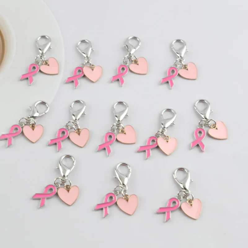 10/20pcs Pink Ribbon Heart Enamel Keychain Breast Cancer Awareness Charm Lobster Clasp Bag Pendant