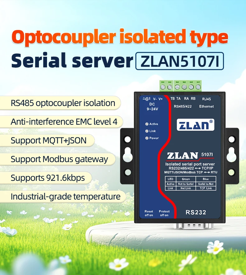 격리된 방해 방지 시리얼 포트 서버 모드버스 게이트웨이 RS485/422/232 시리얼 포트 이더넷 변환기 MQTT/JSON 게이트웨이 ZLAN5107I