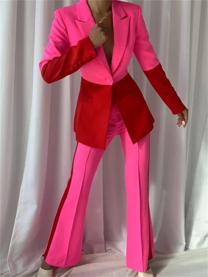 Stitching Color Women Suits Sets Fashion Red And Rose Blazer+Straight Pants 2 Piece Formal Prom Evening Dress Custom Made