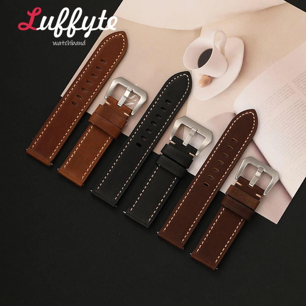 Men Oil Wax Genuine Leather Watch Band 20mm 22mm 24mm Quick Release Durable Business Replacement Calfskin Watch Strap