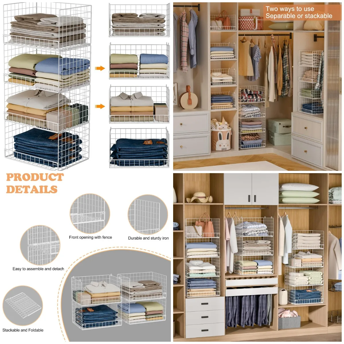 

4-Tier Stackable Closet Organizers, Foldable Storage Baskets, Space-Saving White Wardrobe Organizer (Patent Pending)