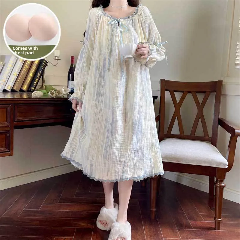 Herbst Winter Damen Koreanischer Stil Lässiger Pyjama Mädchen Langarm Lose Schlafbekleidung Damen Spitze Schleifen Nachthemd Einfache Hauskleidung