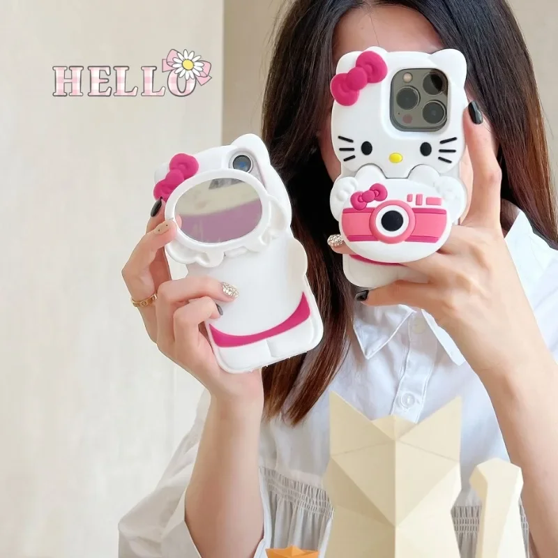 For iPhone 16 15 14 13 12 Pro Max 3D Cartoon Sanrio Hello Kitty Camera Silicone Soft Cover Kawaii Mirror Holder Anti Fall Case