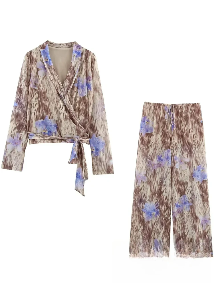 

KONDALA Повседневный шикарный женский костюм с принтом и v-образным вырезом на шнуровке с длинным рукавом, короткий топ, длинные свободные брюки, новая мода, весенне-летние комплекты 2025 г.