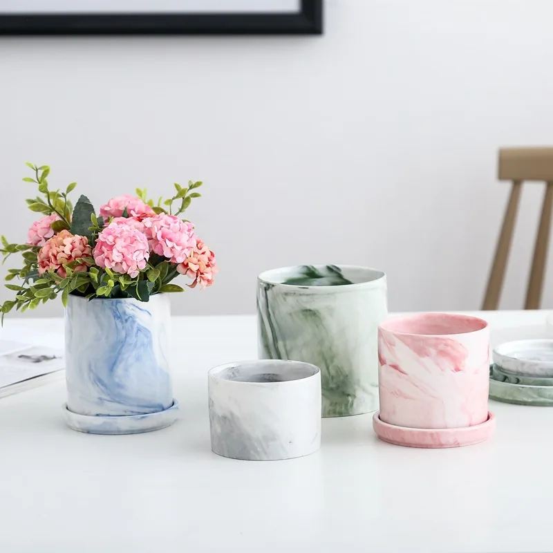 Nordic Creative Cylinder Vase Ceramic Marble Succulent Planter Set