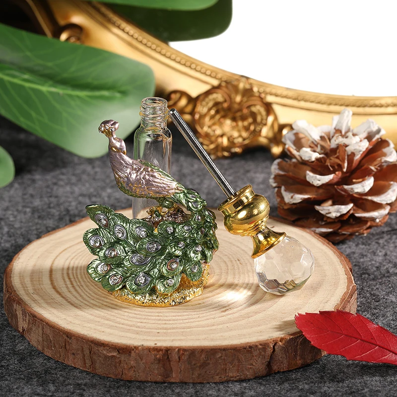 7ml 3D Peacock Refillable Empty Perfume Bottle Metal Enamel Green&Gold Sculpture Decor Diamond Cap Clear Tube Dripper Gift Box