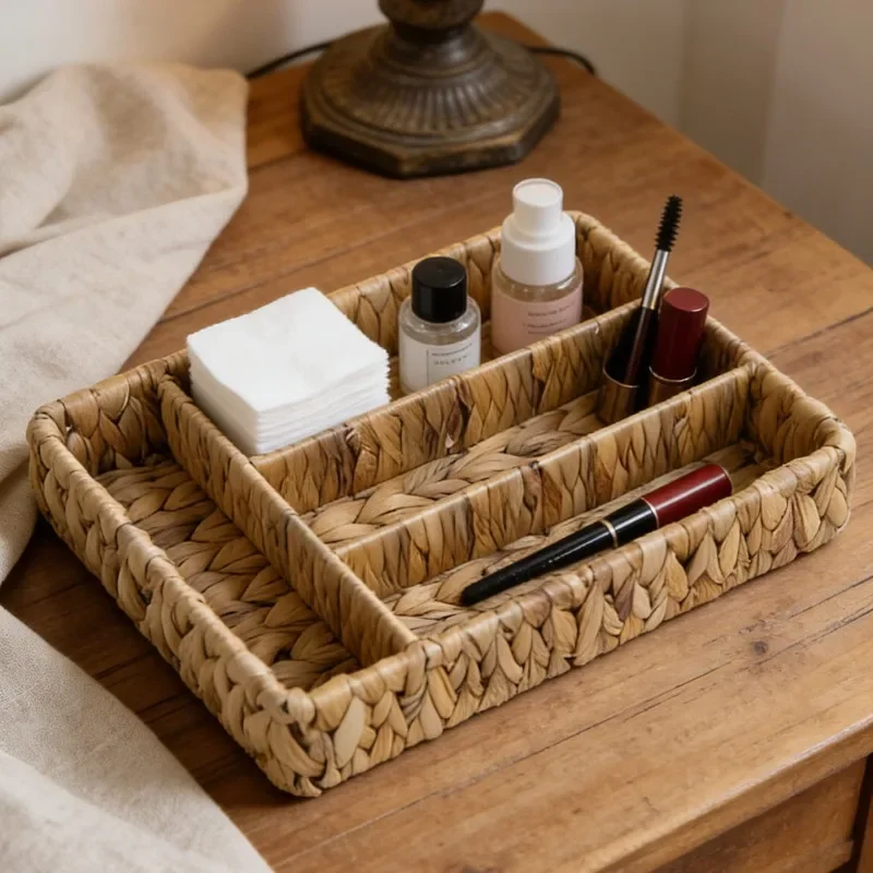 Natural Water Hyacinth Divided Cutlery Storage Basket,Woven Organizer for Spoons Forks Knives,Desk Tray for Kitchen Dining Table