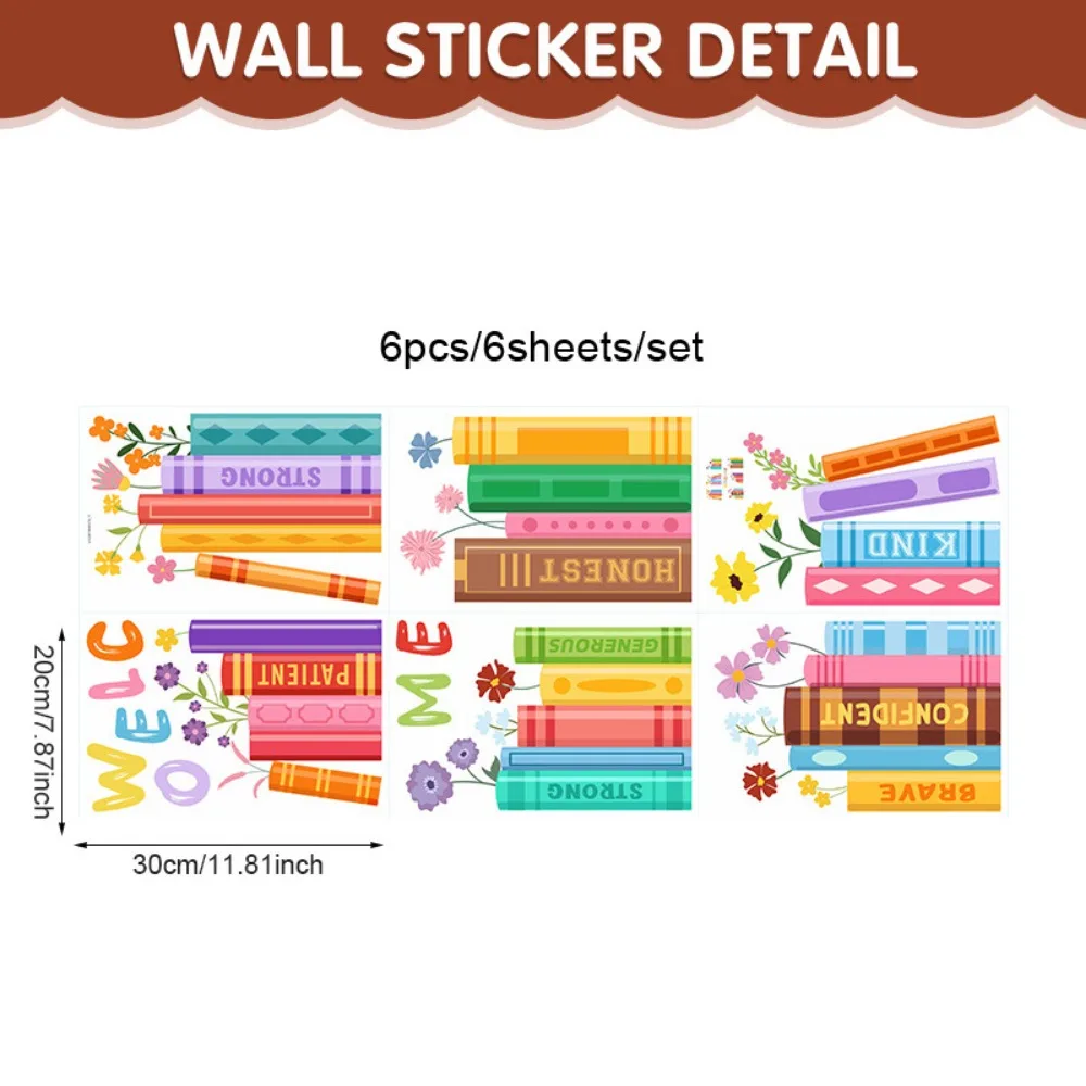6PCS/Set Multicolor Bookshelf Window Stickers Cartoon Books Removable Glass Decals No Residue Static Cling