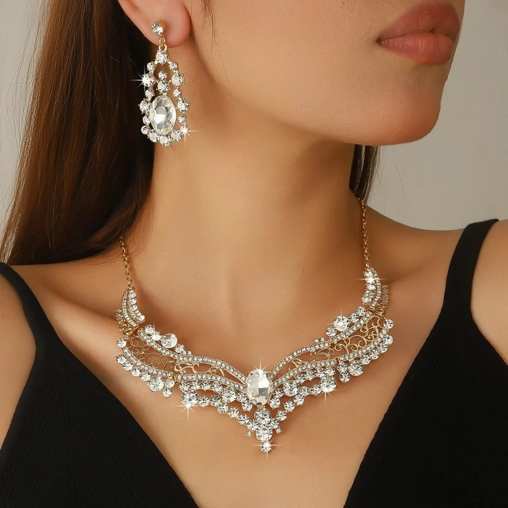 Inlay Rhinestone Necklace Earring Set Fashion Exaggeration Jewelry Set Exquisite Temperament Clavicle Chain Festival Gifts