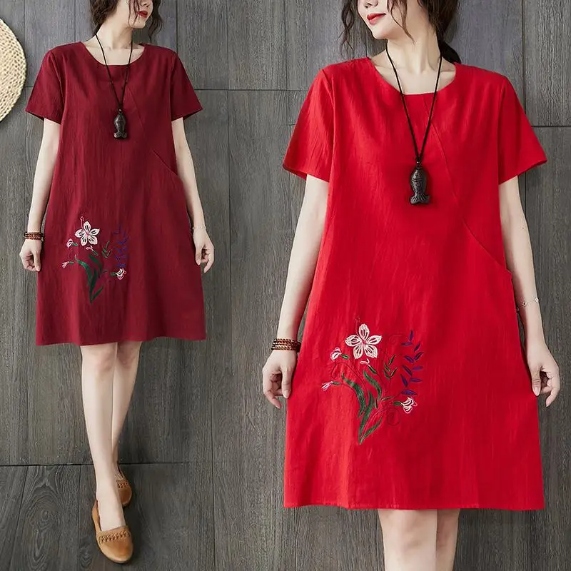 

Summer Loose Cotton Lin Women's Dr Belly Covering ort Sve Embroidered Slimming Midi Length round Ne Vintage Sle