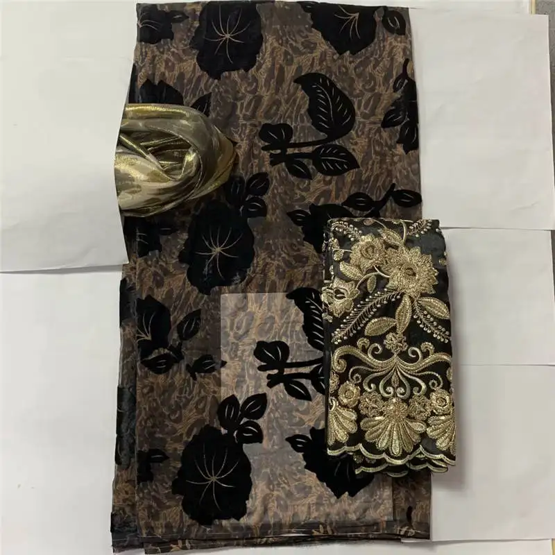 2+3.6+2Yards/Set Silk Fabric 2023 High Quality Embroidery Gold Line Printing Velvet Silk Fabric For Sewing Textile Material.828