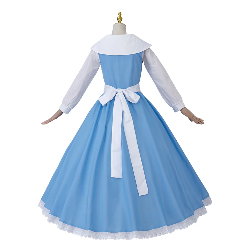 Anime Cosplay Princess Costume Belle Blue Maid Dress for Adult Women Village Party Outfits Halloween Carnival Ball Gown with Bow