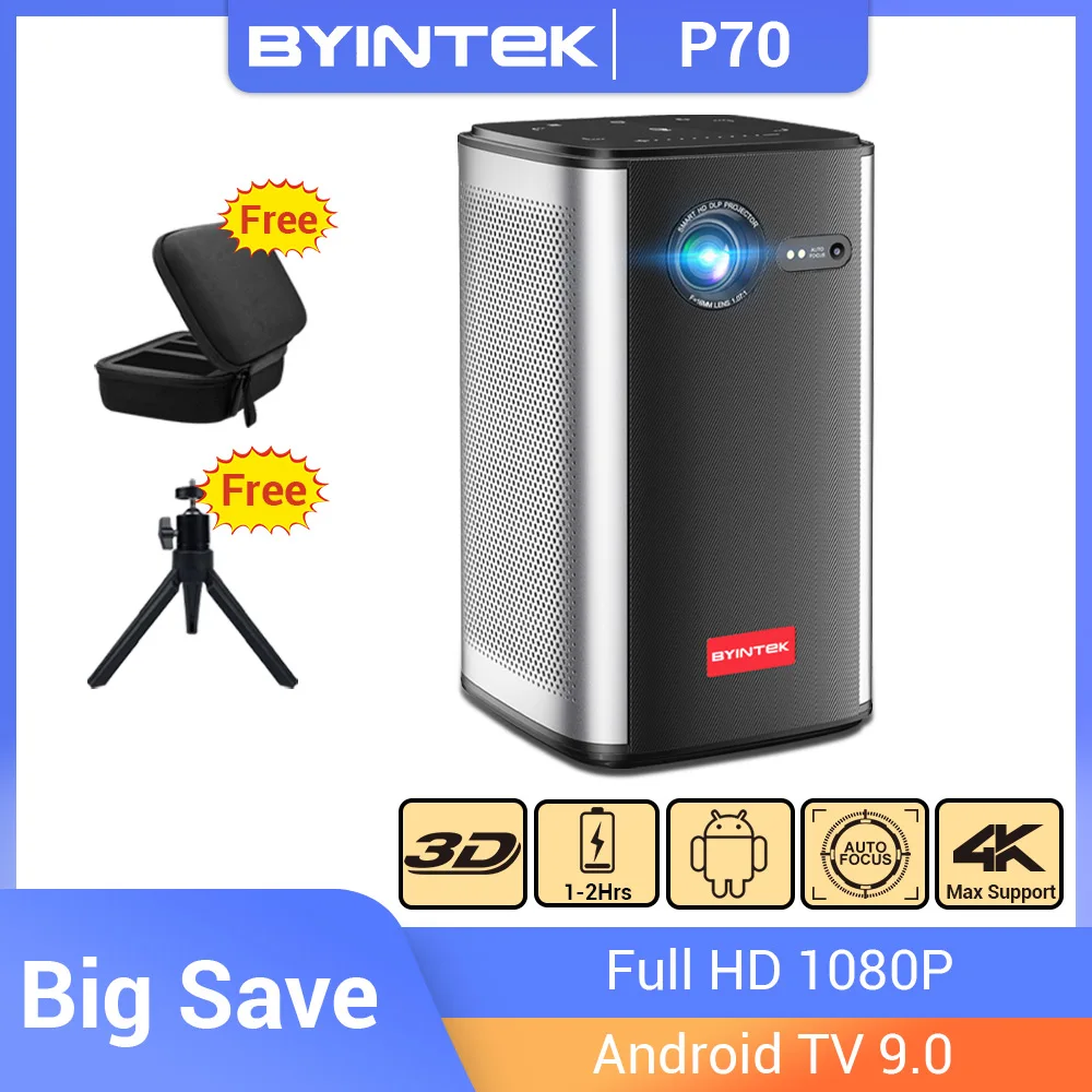 BYINTEK P70 Portable Projector 4K 3D DLP Auto Focus Smart Android WiFi LED 1080P Home Theater Video Projectors With Battery