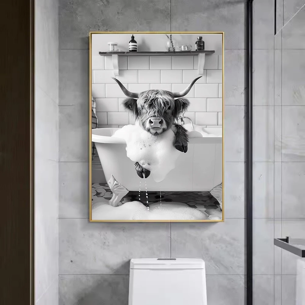 مضحك الحيوانات الياك بالفرشاة الأسنان الحمام أبيض وأسود الملصقات يطبع صورة حائط لوح رسم ديكور فني مرحاض ورق التواليت