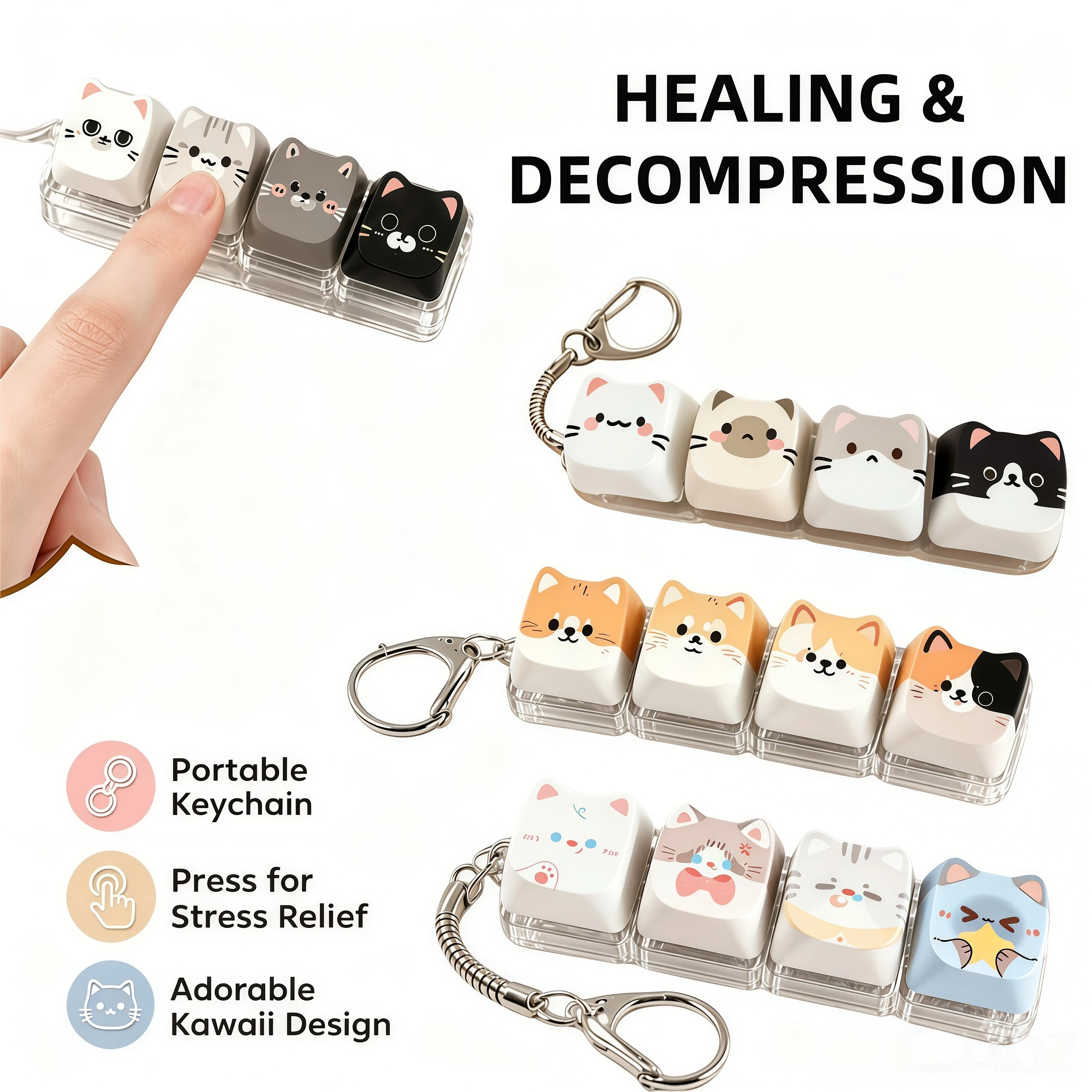 Cute Cat Relax Button Keycap Kawaii Cat 4-Key Keyboard Fidget for Friends Gift Portable Fidget Keychain Party Favor Gifts