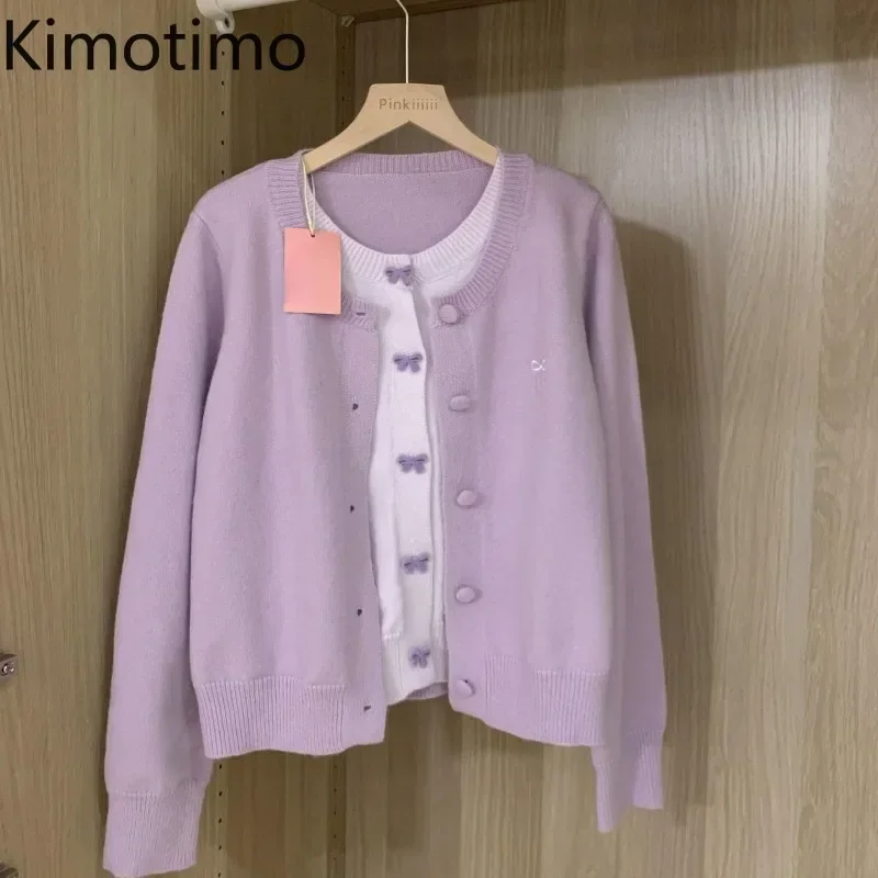 Kimotimo Bow Fake Two Pieces Knit Cardigan Women Autumn Winter Sweet Round Neck Long Sleeve Sweater Gentle Slim Knitwear Tops