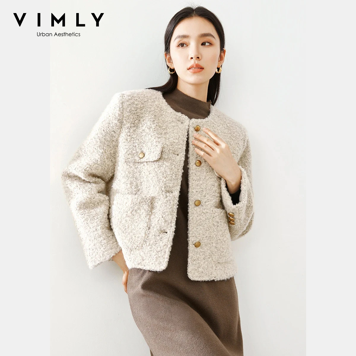 VIMLY موضة سترات دافئة للنساء شتاء 2025 جديد س الرقبة طويلة الأكمام معاطف الصلبة عادية تخفيف القمم الملابس النسائية A0078