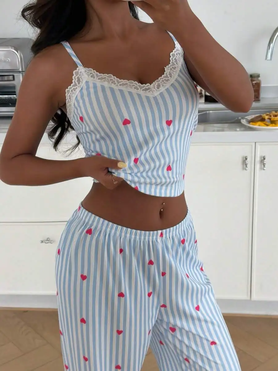 

Womens Blue And White Striped Heart Print Pajama Set With Lace Trim V-Neck Camisole And Long Pants