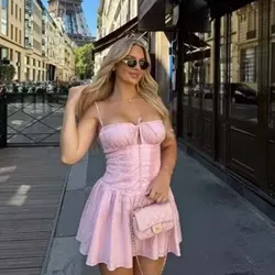YENKYE Women Low Waist Fit And Flare Sling Mini Dresses Wood Ears Summer Sexy Dress Pink Black Holiday Party Robe Cotton