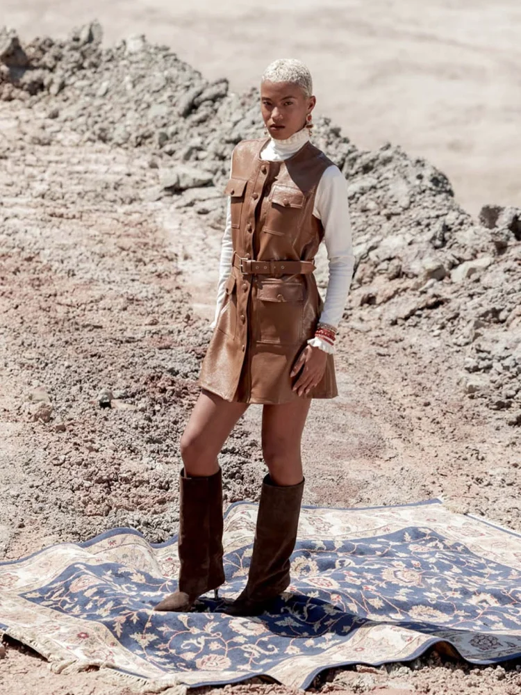 سترة جلدية أنيقة باللون البني بدون أكمام للنساء، سترات متوسطة الطول بحزام صدر واحد، ملابس يومية للشارع للسيدات #1