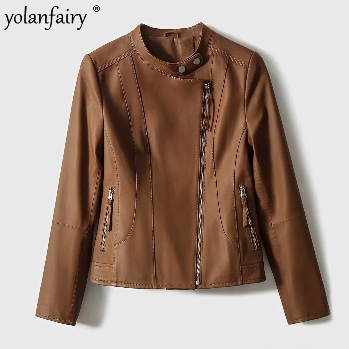 Vestes en cuir véritable pour femmes, manteau en peau de mouton naturelle, pardessus mince pour dames, col montant, mode automne, nouveaux vêtements féminins, 2023