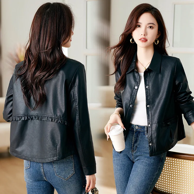 2024 Spring New Sheepskin Leather Coat for Women's Fashion and Leisure Korean Edition Coat for Women's Fresh Motorcycle Leather