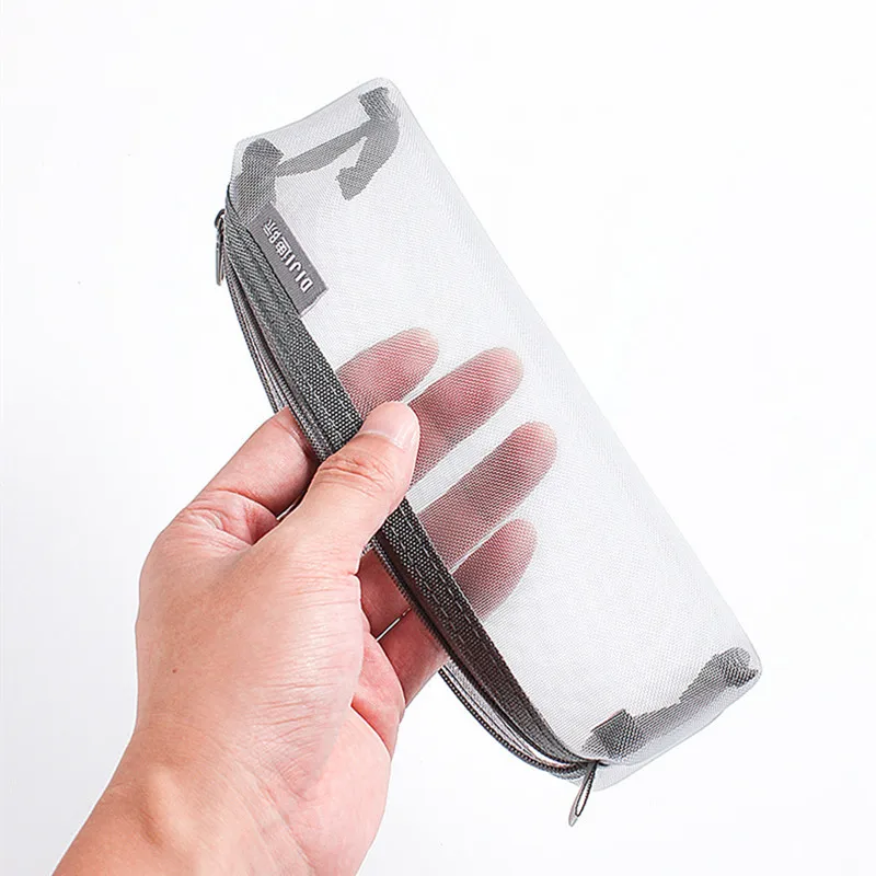 Singple Gray Black Makeup Case Large Capacity Mash Transparent Cosmetic Brush Bags Students Three-dimensional Nylon Pencil Case