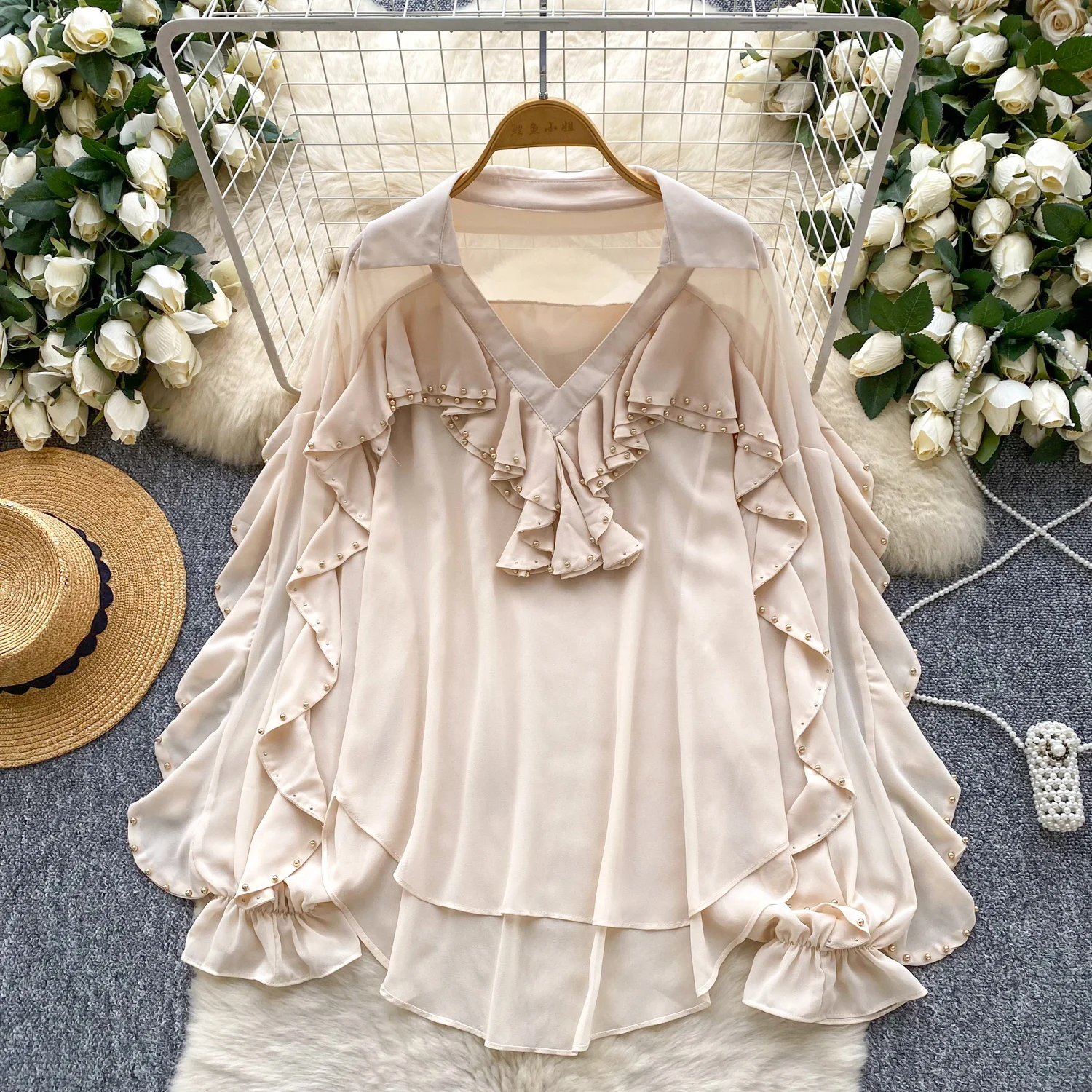 

Vintage Elegant lantern sleeve chiffon Top Korean Streetwear High Street Autumn Basics T-Shirts