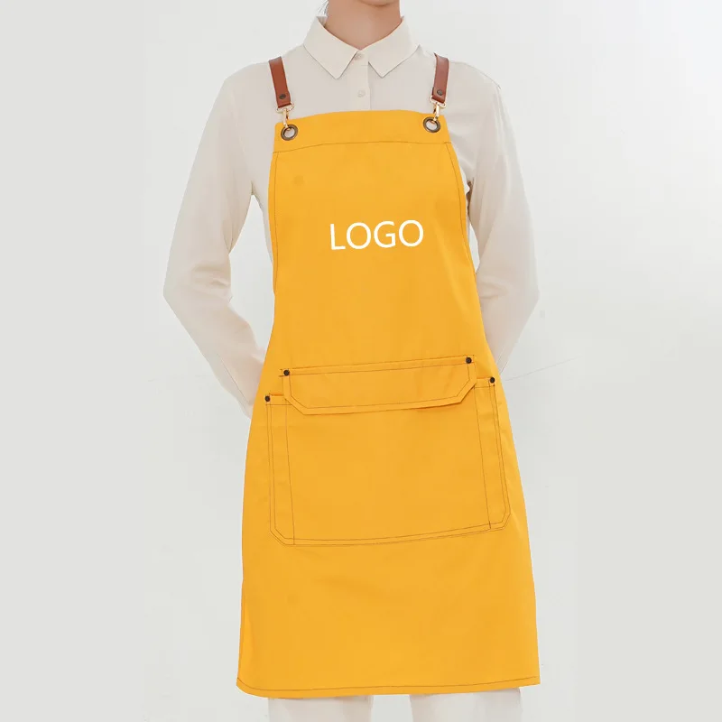 Fashion Custom Embroidery Logo Canvas Yellow Apron Restaurant Baking Manicure Work Clothes Milk Tea Coffee Shop Man Woman Apron