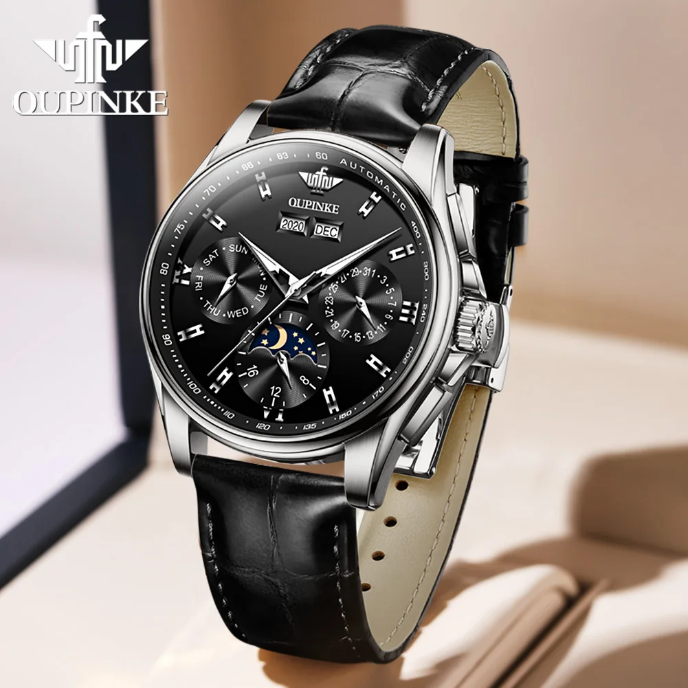 OUPINKE Luxury Men\'s Watches Genuine Leather Strap Moon Phase Waterproof Sapphire Mirror Luminous Automatic Mechanical Man Watch