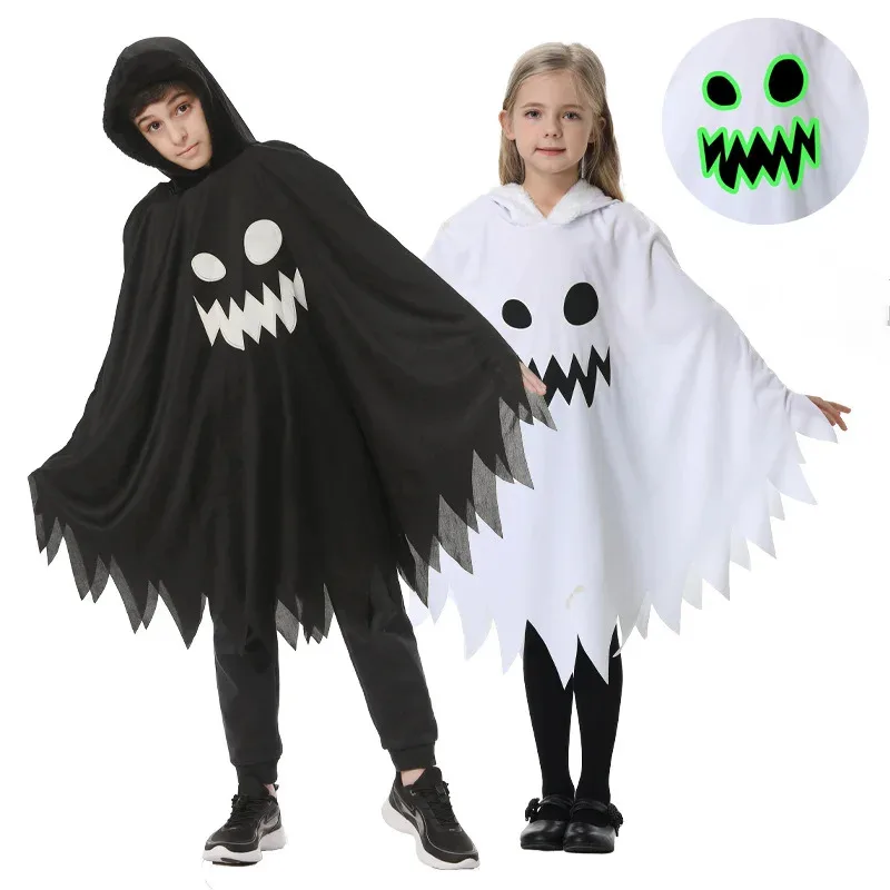

Halloween Kids Cosplay Costume White Black Luminous Ghost Luminous Face Cape Shawl Party Dress-Up Costume Boys Cape Girl Skirt