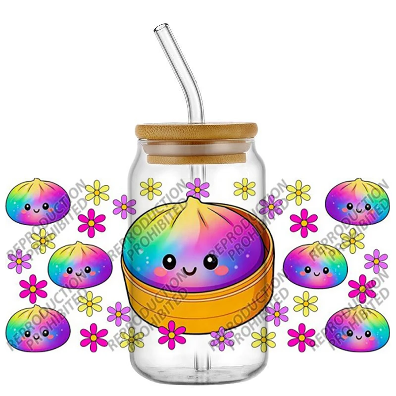 popular New Design Glitter Dumpling Pattern Decal UV DTF Cup Wrap For 16oz Libbey Glass Cup Wraps 3D Transfer Sticker