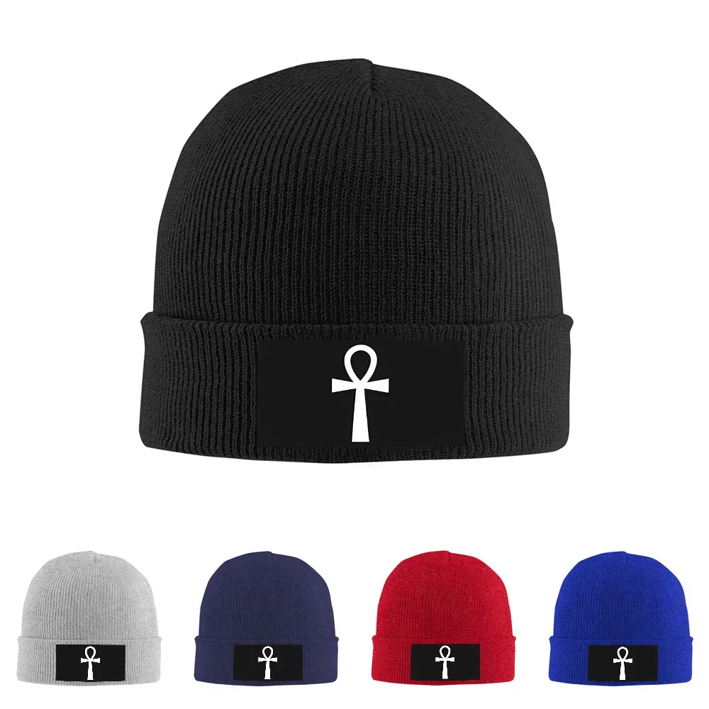 2026 White Egyptian Ankh Symbol Dark Background Men Women Unisex Knitted Hat Beanie Pullover Cap Winter Thermal Warm Christmas O