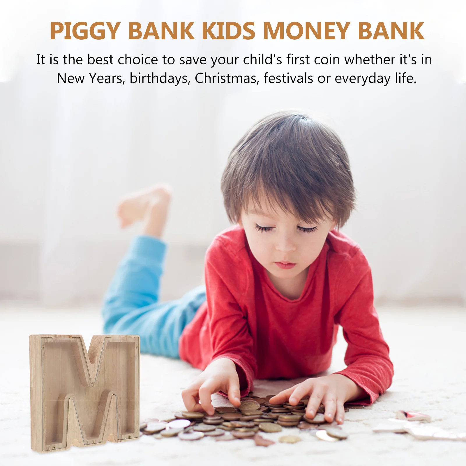 

Letter Shaped Piggy Bank for Children Money Management Learning Tool Clear View Savings Jar for Toddlers and Teens Wooden Style