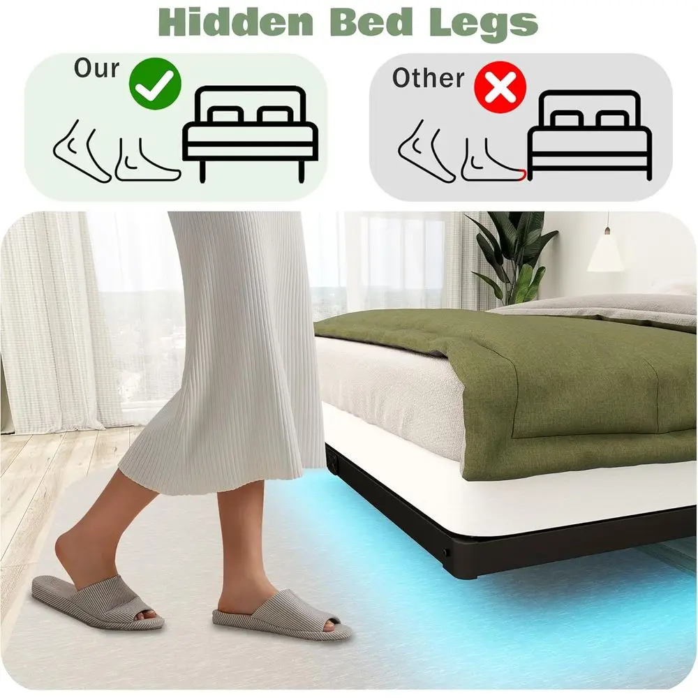 LED-lit Twin Platform Bed Frame with Charging Station, Kids' 8 Metal Bed with Storage, No Box Spring Needed