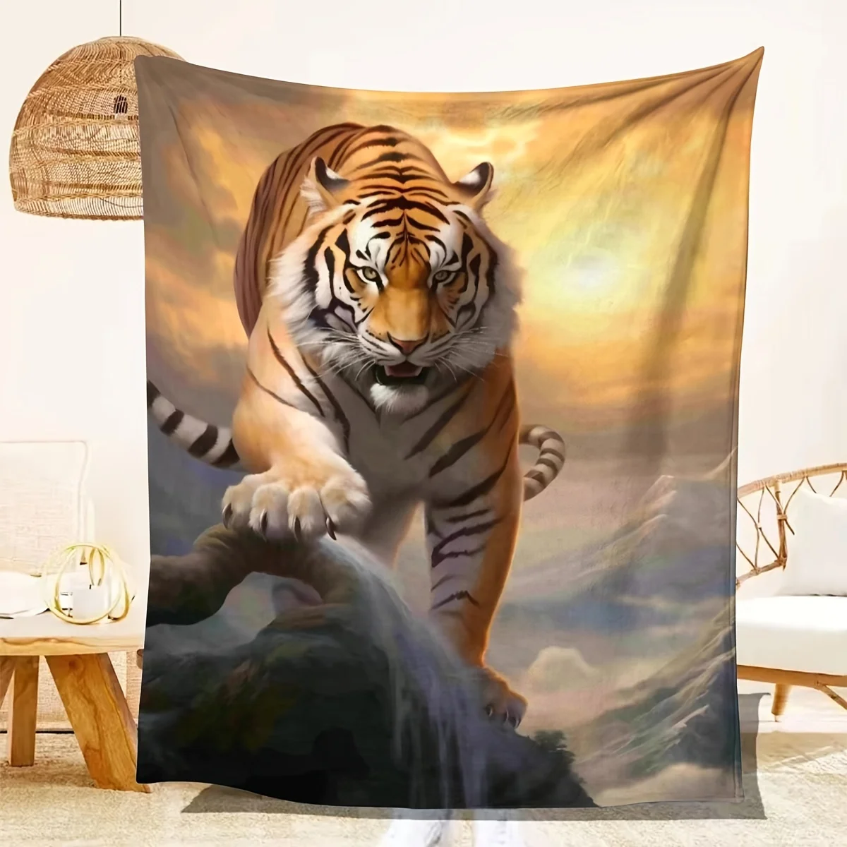 Large Tiger Jungle Print Blanket Throw Polyester Fuzzy Decorative Art Wrap for Home Sofa Bedside Couch Decor