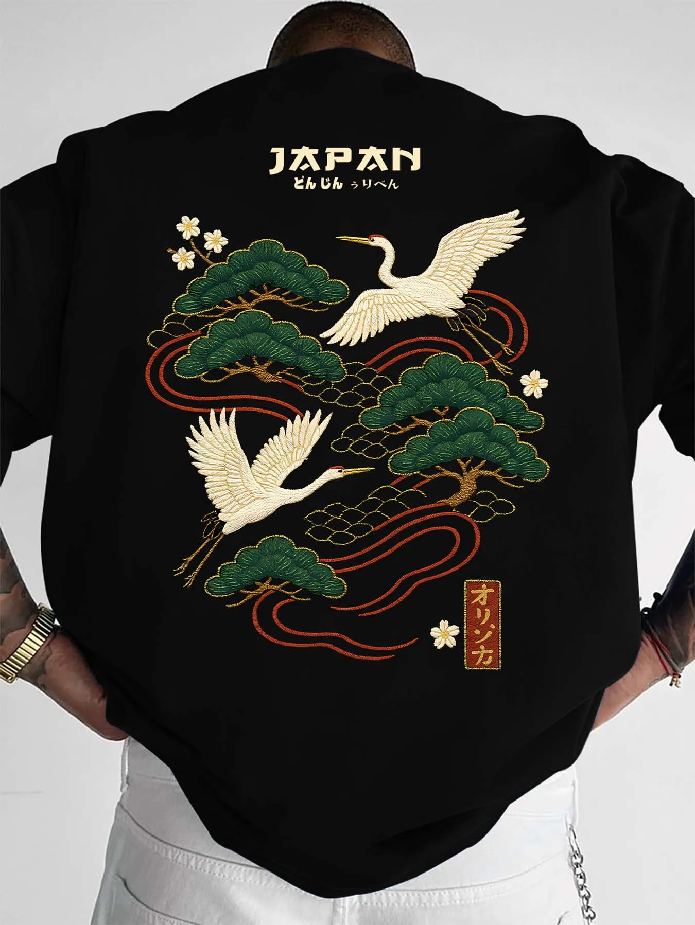 2026 Hot Sale Summer Men's Japanese Style T-Shirt Crane Print Crew Neck Short Sleeve Tops with Pine & Cherry Blossom Detail Tees