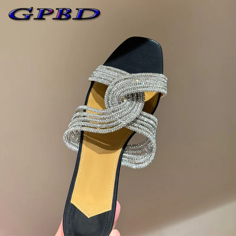 

GPBD Designer Handmade Real Leather Crystal Women's Slippers Best Quality Ladies Flat Bottom Slippers Party Shiny Flat Sandal