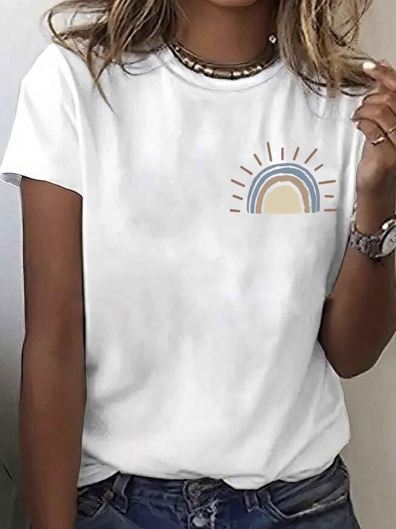 

Little sun Plus size women's round neck short sleeve T-shirt with elastic half sleeves and trendy prints