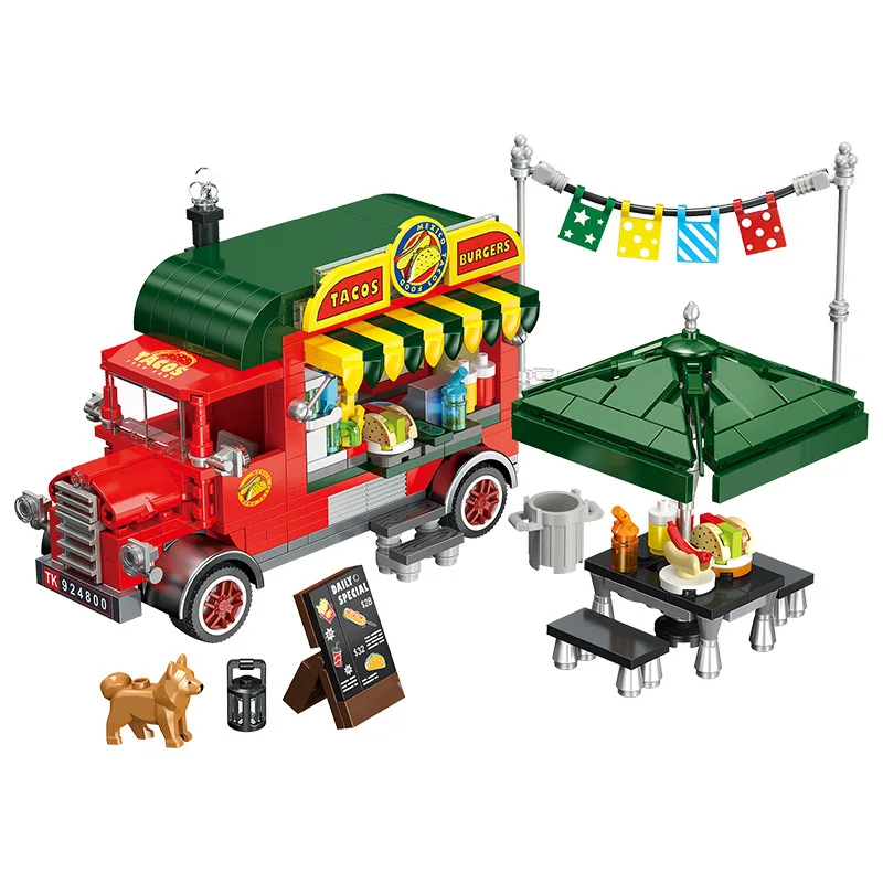 

Taco Truck DIY Street Food Pizza Shop Miniature Pickup Educational Building Blocks Toy for Kids