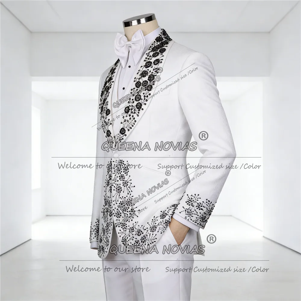 

Luxury Pearls Beaded Men Suit Attire For Wedding Shawl Lapel Prom Blazers Customized Man Party Tuxedos Customized Groom Outfits
