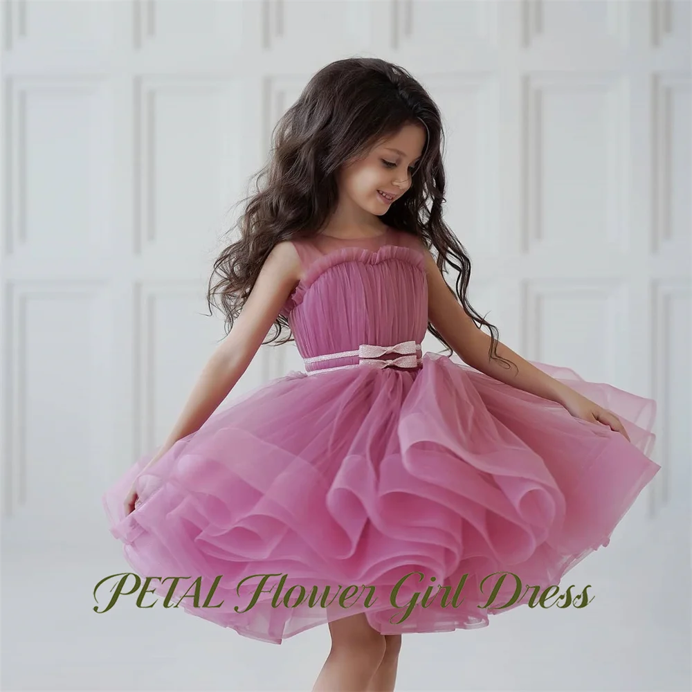Petal Dusty Mauve Flower Girl Dress Fluffy Round Neck Sleeveless Kids Birthday Party Dress Bow Children Birthday Wedding Dresses