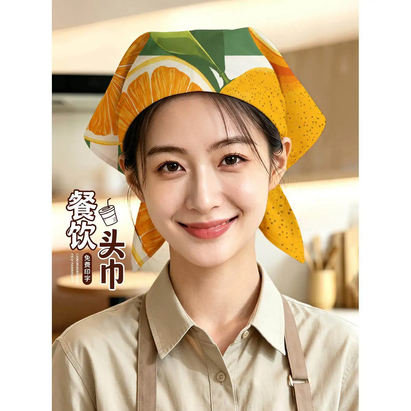Women Chef Headband Fresh Orange Fruit Print Kitchen Hair Wrap Oil Smoke Resistant Restaurant Back Kitchen Work Hat Apron