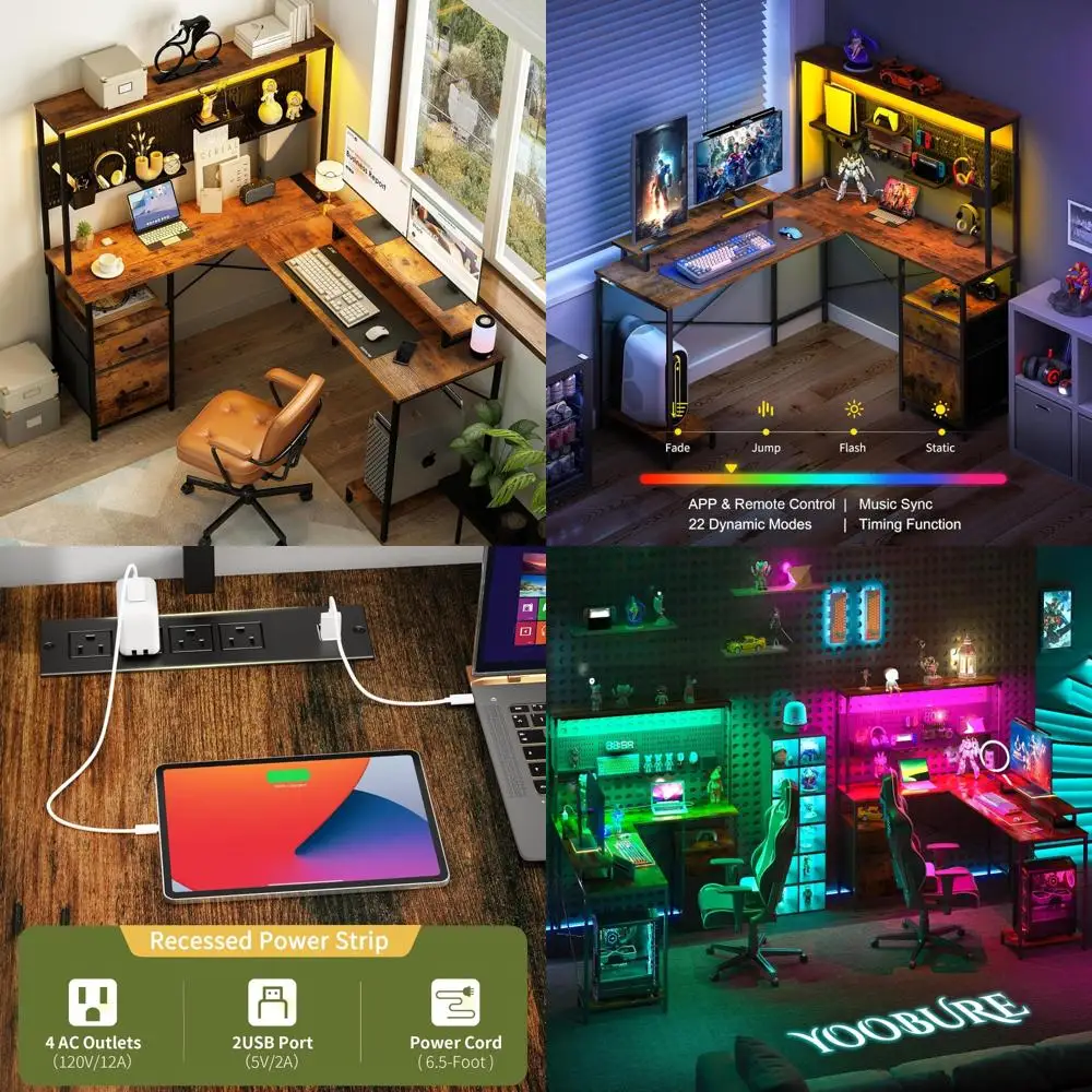 

L-Shaped Desk with Pegboard, Reversible Computer Desk, Drawers, Storage Shelves, Gaming Desk, LED Lights, Power Supply