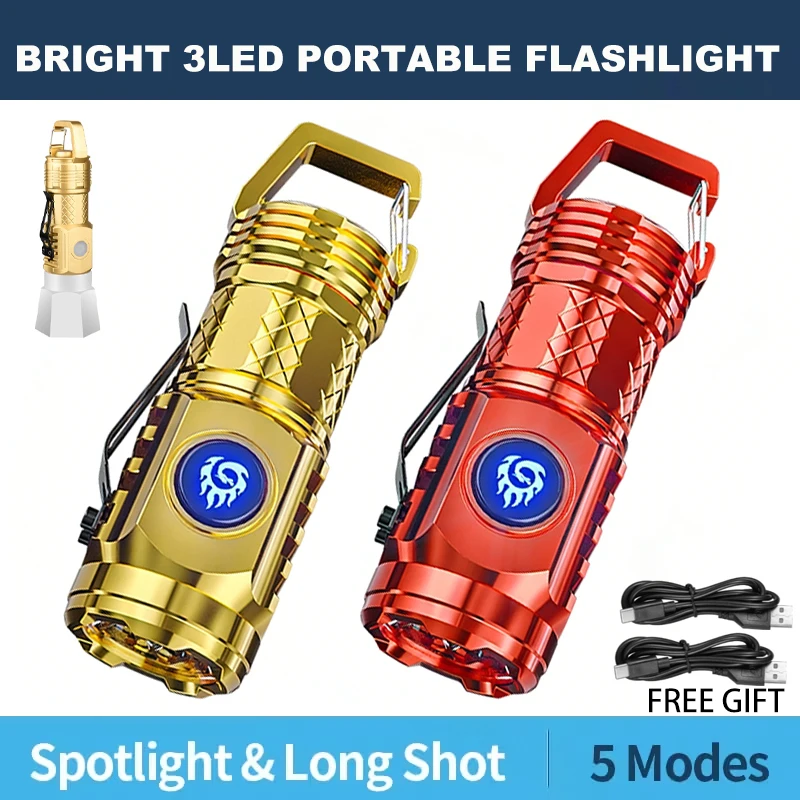Mini 3 LED Flashlight With Pen Clip Portable Brightness,Rechargeable Waterproof Emergency Spotlight Outdoor Night Walking Torch